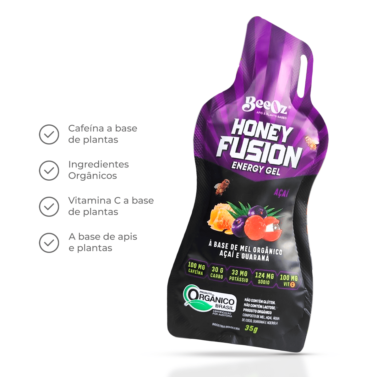 Honey Fusion Gel Açaí & Guaraná com 100mg de Cafeína - Display com 12 sachês de 35g - BeeOz